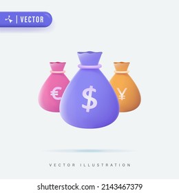 3d Realistic Colorful Money Bag with Dollar Sign Vector Illustration, Money Bag Vector Icon, Logo and Symbol