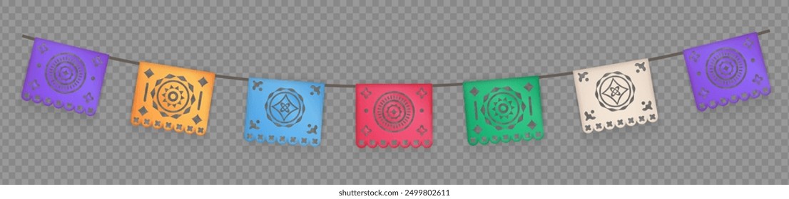 3d realistic colorful papel picado hangs against a transparent background. Mexican paper cut flags, buntings, garlands for Cinco De mayo, Dia de los Muertos, Hispanic Heritage Month