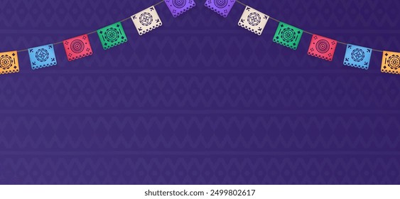 3D realistisch bunte Papel Picado hängt auf violettem Hintergrund mit hispanischen geometrischen Mustern. Banner mit mexikanischen Fahnen aus Papier, Buntstifte, Girlanden