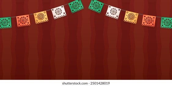 3d realistic colorful papel picado hangs against a brown background with hispanic geometric patterns. Banner with Mexican paper cut flags, buntings, garlands