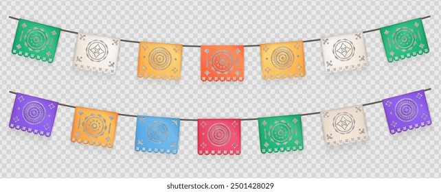 3d realistic colorful papel picado hangs against a transparent background. Mexican paper cut flags, buntings, garlands for Cinco De mayo, Dia de los Muertos, Hispanic Heritage Month