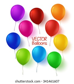 3d Realistic Colorful Set of Birthday Balloons with Glossy and Shiny Colors Isolated in White Background. Vector Illustration
