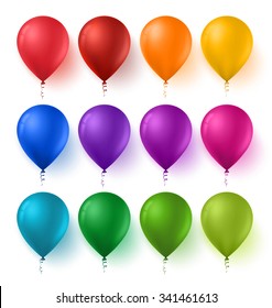 3d Realistic Colorful Set of Birthday Balloons with Glossy and Shiny Colors Isolated in White Background. Vector Illustration
