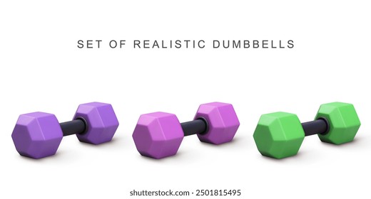 3d realistic colorful set dumbbells on white background. Vector illustration.