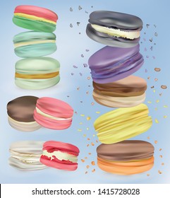 3d realistic colorfulul macaroon falling or flying. Differend sweet french macaroons in motion. France sweet desert. Vector illustrator