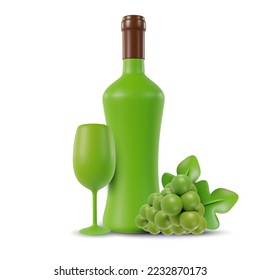 3d realistische Zusammensetzung mit Flasche, Weinglas und Traube. Vektorobjekt im modernen minimalsten Cartoon-Glanz-Stil. süße farbige Illustration einzeln auf weißem Hintergrund.