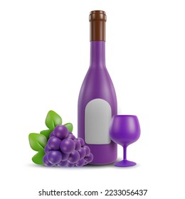 3d realistic composition with bottle, wine glass and grape. Vector object in modern minimal cartoon glossy style. Sweet colorful illustration isolated on white background.