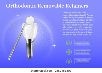 3D realistic composition of dental implantation. Illustration of dental activity.