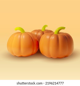 3D realistic composition of three pumpkins. Illustration of orange vegetables. Isolated vector clipart for Helloween