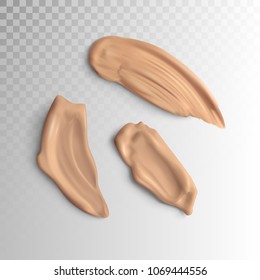 3d realistic concealer smear strokes isolated on transparent checkered background. Cosmetic product. Vector make up beauty illustration. Liquid foundation daub. Smudged tone cream.