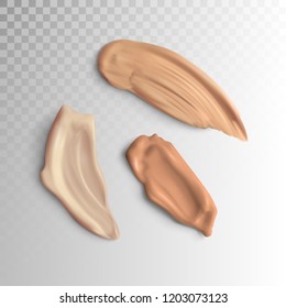 3d realistic concealer smear strokes isolated on transparent checkered background. Cosmetic product. Vector make up beauty illustration. Liquid foundation daub. Smudged tone cream.