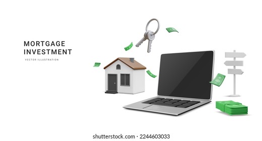 3d realistic concept buying home with mortgage and paying credit to bank. House Loan, Rent and Mortgage Concept. Invest money in real estate property in cartoon style. Vector illustration