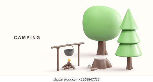 3d realistic concept - camping trip. Vector illustration.