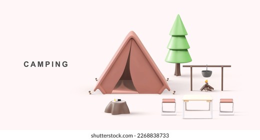3d realistic concept - camping. Vector illustration.