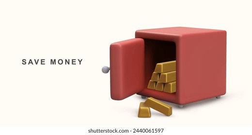 3d Realistic concept Safe Money coins and stacks of dollar cash. Vector illustration.