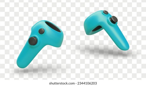 3d realistic controller for VR in different positions. Playing games with accessory. Play game with remote controller. Stuff for gamers. Vector illustration in blue colors