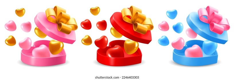 3d Realistic Convex Hearts Coming Out From Heart Shaped Gift Box. Pink, Red And Blue Boxes In The Set. Isolated Vector illustration EPS10