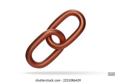 3d Realistic copper Chain or link Icon isolated on white background. Two chain links icon, Attach, Lock symbol. Blockchain link sign. 3D vector illustration