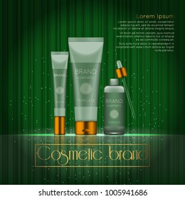 3D realistic cosmetic bottle ads template. Cosmetic brand advertising concept design with glowing sparkles on abstract texture background.