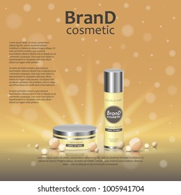 3D realistic cosmetic bottle ads template. Cosmetic brand advertising concept design on glowing background with pearls and sparkles.