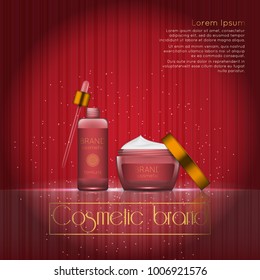 3D realistic cosmetic bottle ads template. Cosmetic brand advertising concept design with glowing sparkles on abstract texture background.