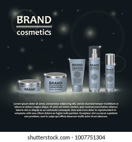 3D realistic cosmetic bottle ads template. Cosmetic brand advertising concept design with glitters and bokeh background.