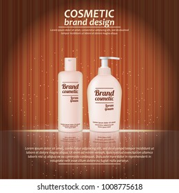 3D realistic cosmetic bottle ads template. Cosmetic brand advertising concept design with glowing sparkles on abstract texture background.