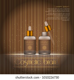 3D realistic cosmetic bottle ads template. Cosmetic brand advertising concept design with glowing sparkles on abstract texture background.