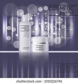 3D realistic cosmetic bottle ads template. Cosmetic brand advertising concept design with glitters and bokeh background.