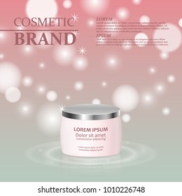 3D realistic cosmetic bottle ads template. Cosmetic brand advertising concept design with glitters and bokeh background.