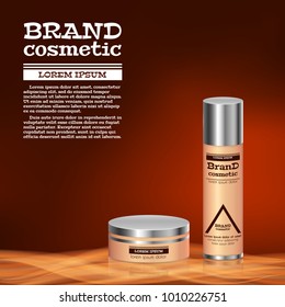 3D realistic cosmetic bottle ads template. Cosmetic brand advertising concept design with abstract glowing waves.