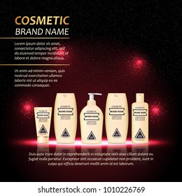 3D realistic cosmetic bottle ads template. Cosmetic brand advertising concept design with abstract glowing lights and sparkles background.