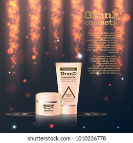 3D realistic cosmetic bottle ads template. Cosmetic brand advertising concept design with glitters and bokeh background.
