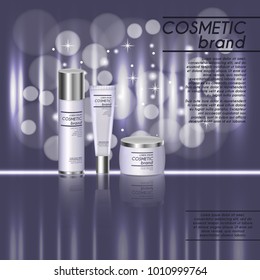 3D realistic cosmetic bottle ads template. Cosmetic brand advertising concept design with glitters and bokeh background.