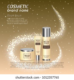 3D realistic cosmetic bottle ads template. Cosmetic brand advertising concept design with glittering dust background.