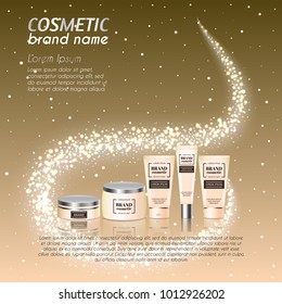 3D realistic cosmetic bottle ads template. Cosmetic brand advertising concept design with glittering dust background.