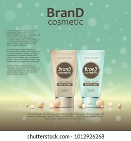 3D realistic cosmetic bottle ads template. Cosmetic brand advertising concept design on glowing background with pearls and sparkles.