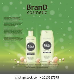 3D realistic cosmetic bottle ads template. Cosmetic brand advertising concept design on glowing background with pearls and sparkles.