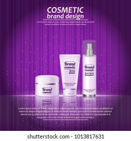 3D realistic cosmetic bottle ads template. Cosmetic brand advertising concept design with glowing sparkles on abstract texture background.