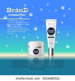 3D realistic cosmetic bottle ads template. Cosmetic brand advertising concept design with water bubbles and waterdrops background.