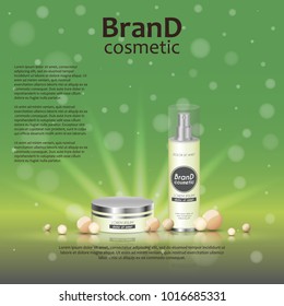 3D realistic cosmetic bottle ads template. Cosmetic brand advertising concept design on glowing background with pearls and sparkles.