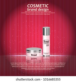 3D realistic cosmetic bottle ads template. Cosmetic brand advertising concept design with glowing sparkles on abstract texture background.