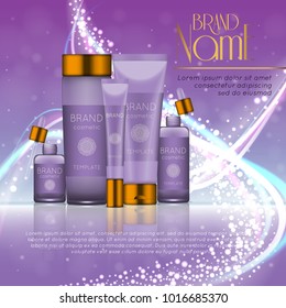 3D realistic cosmetic bottle ads template. Cosmetic brand advertising concept design with glitters and bokeh background.