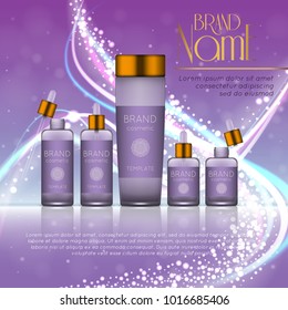 3D realistic cosmetic bottle ads template. Cosmetic brand advertising concept design with glitters and bokeh background.