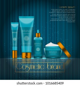 3D realistic cosmetic bottle ads template. Cosmetic brand advertising concept design with glowing sparkles on abstract texture background.