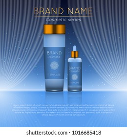 3D realistic cosmetic bottle ads template. Cosmetic brand advertising concept design with wavy light abstract background.