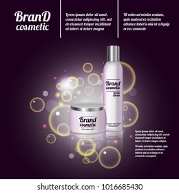3D realistic cosmetic bottle ads template. Cosmetic brand advertising concept design with bubbles and sparkles.