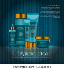 3D realistic cosmetic bottle ads template. Cosmetic brand advertising concept design with glowing sparkles on abstract texture background.