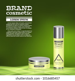 3D realistic cosmetic bottle ads template. Cosmetic brand advertising concept design with abstract glowing waves.
