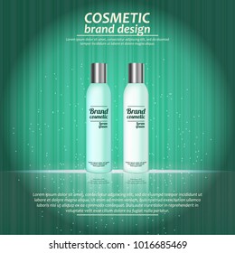 3D realistic cosmetic bottle ads template. Cosmetic brand advertising concept design with glowing sparkles on abstract texture background.